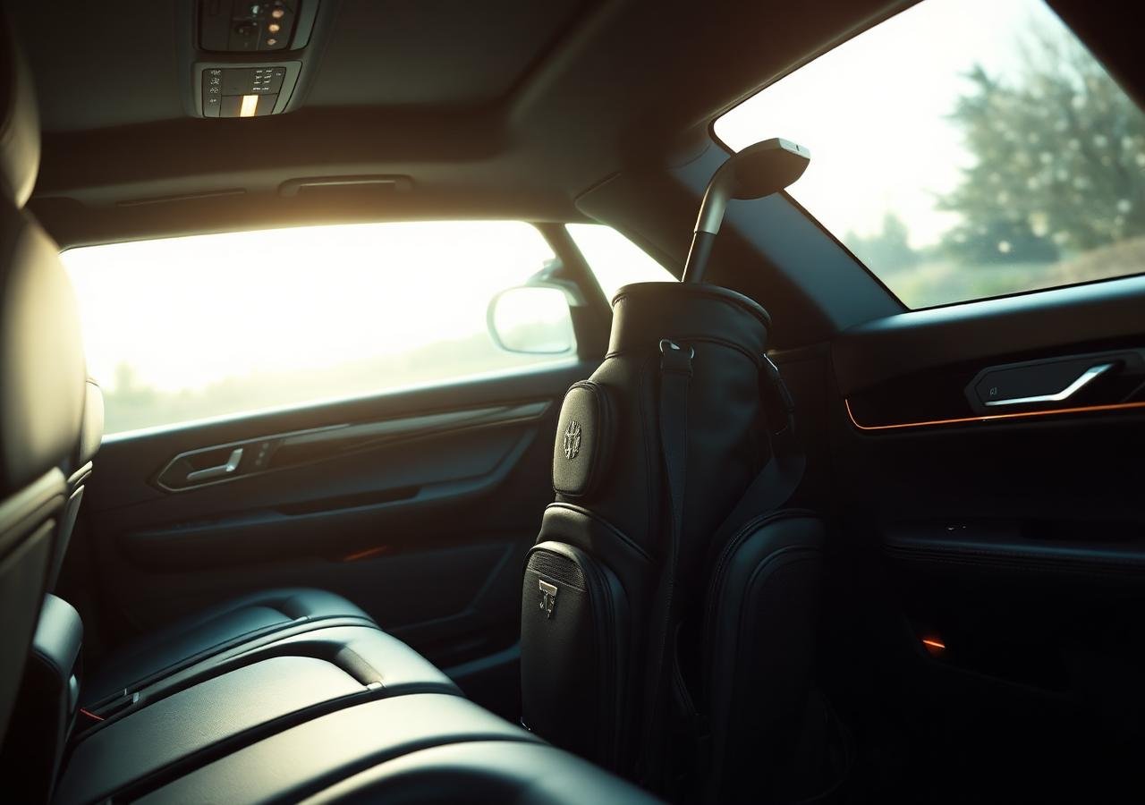 Luxury leather vehicle interior with a golf bag secured inside